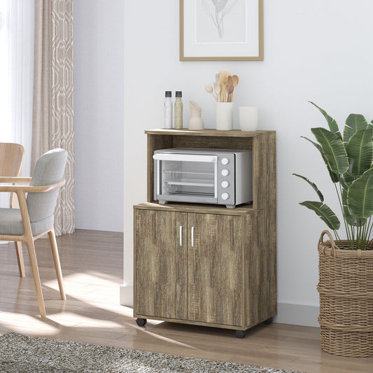HOMCOM Microwave Cart on Wheels Utility Trolley Storage Sideboard Bookcase with 2-door Cabinet, 97H x 60.4W x 40.3Dcm, Grey