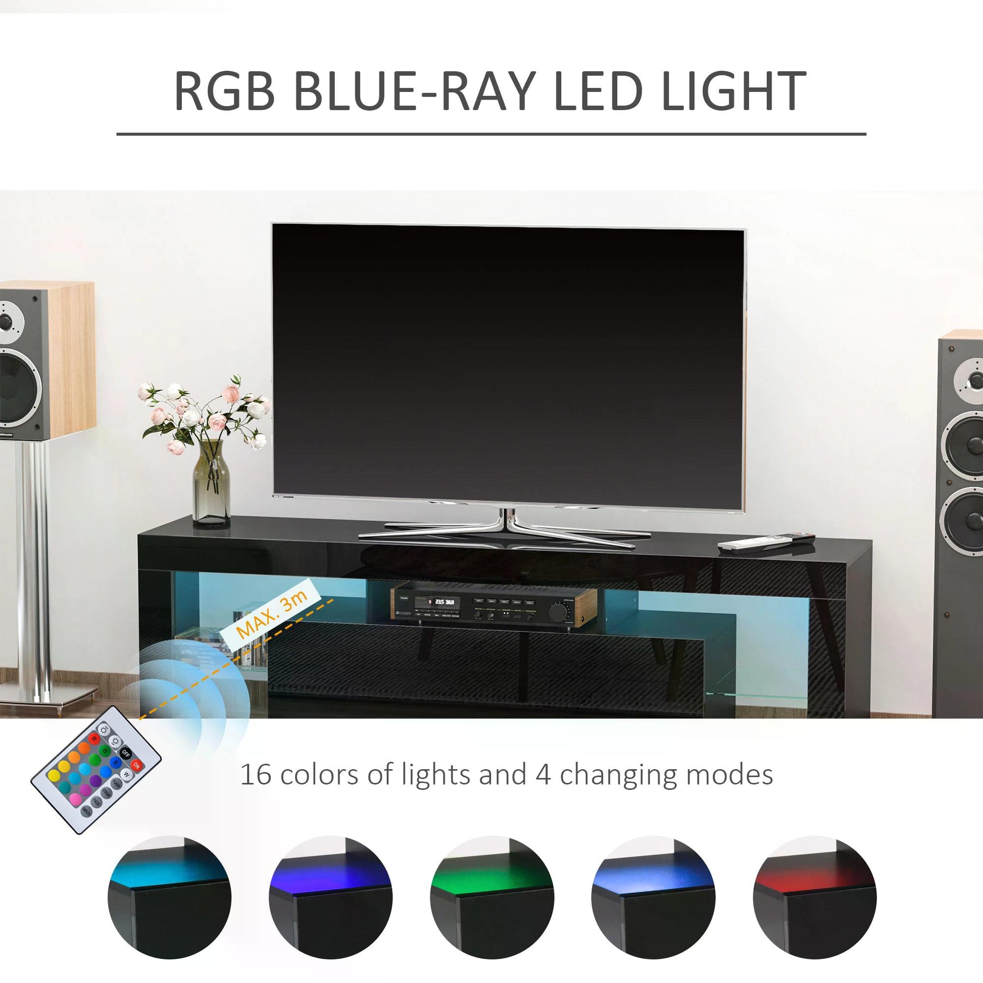 HOMCOM High Gloss TV Stand Cabinet with LED RGB Lights and Remote Control for TVs up to 65", Media TV Console Table with Storage Compartment, Black