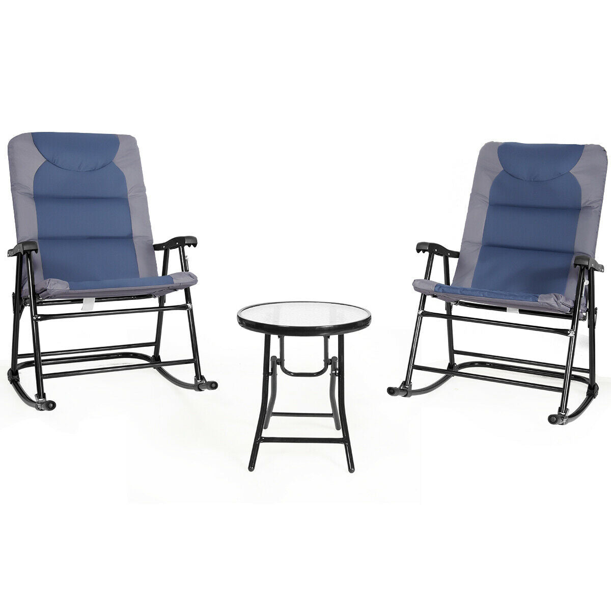 3 Pcs Folding Bistro Set Outdoor Rocking Chairs and Table Set-Blue & Gray