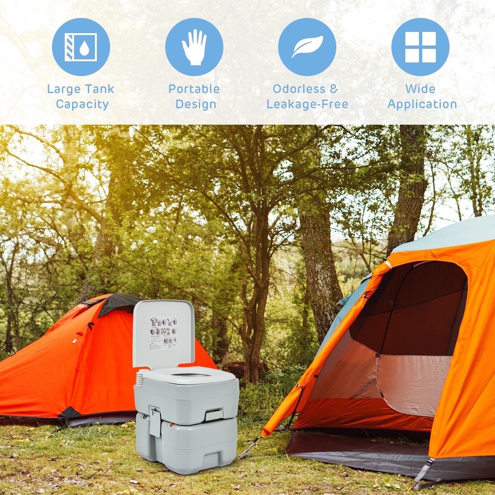 20L Portable Camping Toilet with Level Indicator and Piston Pump Flush 