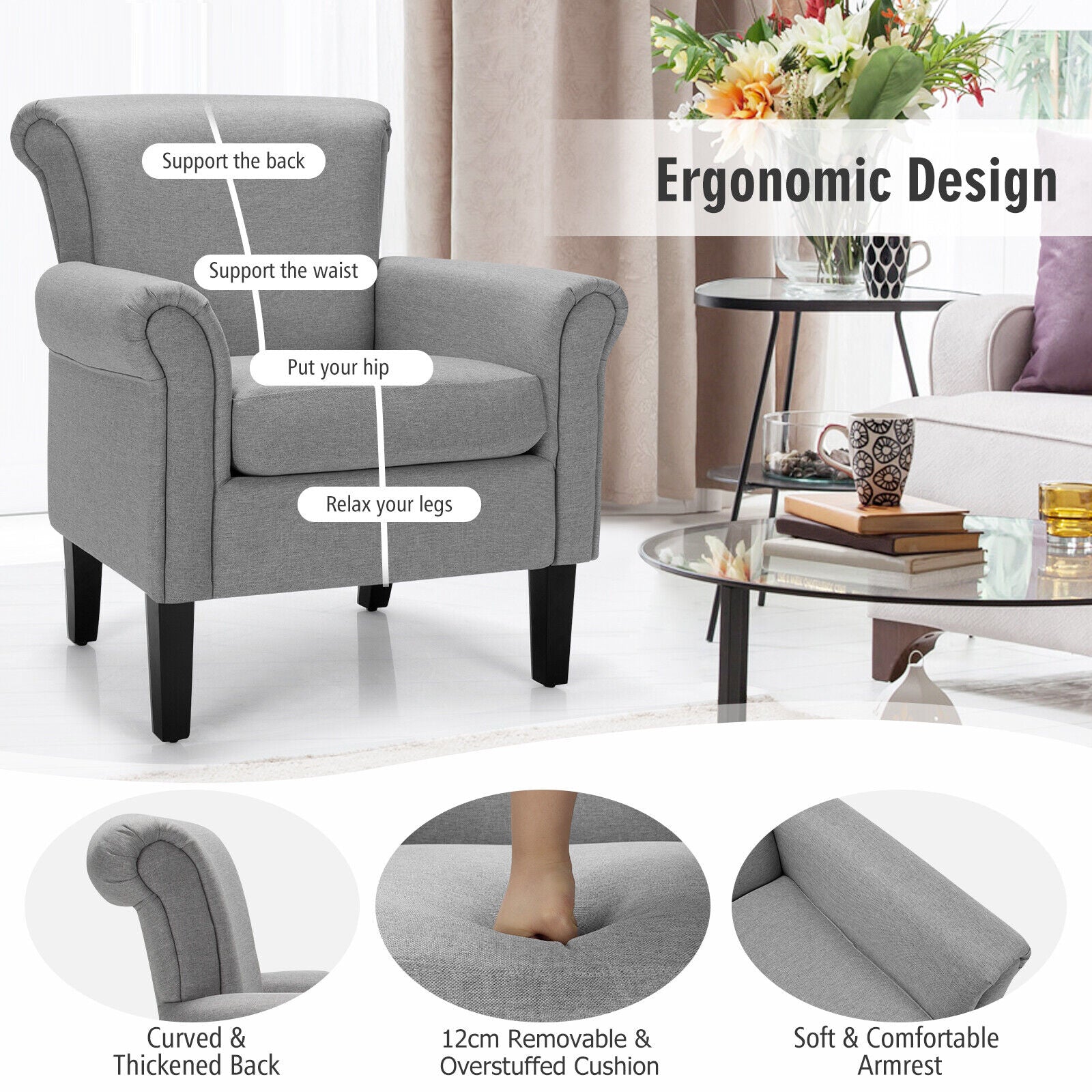 Upholstered Lounge Tub Armchair for Living Room Bedroom -Light Grey