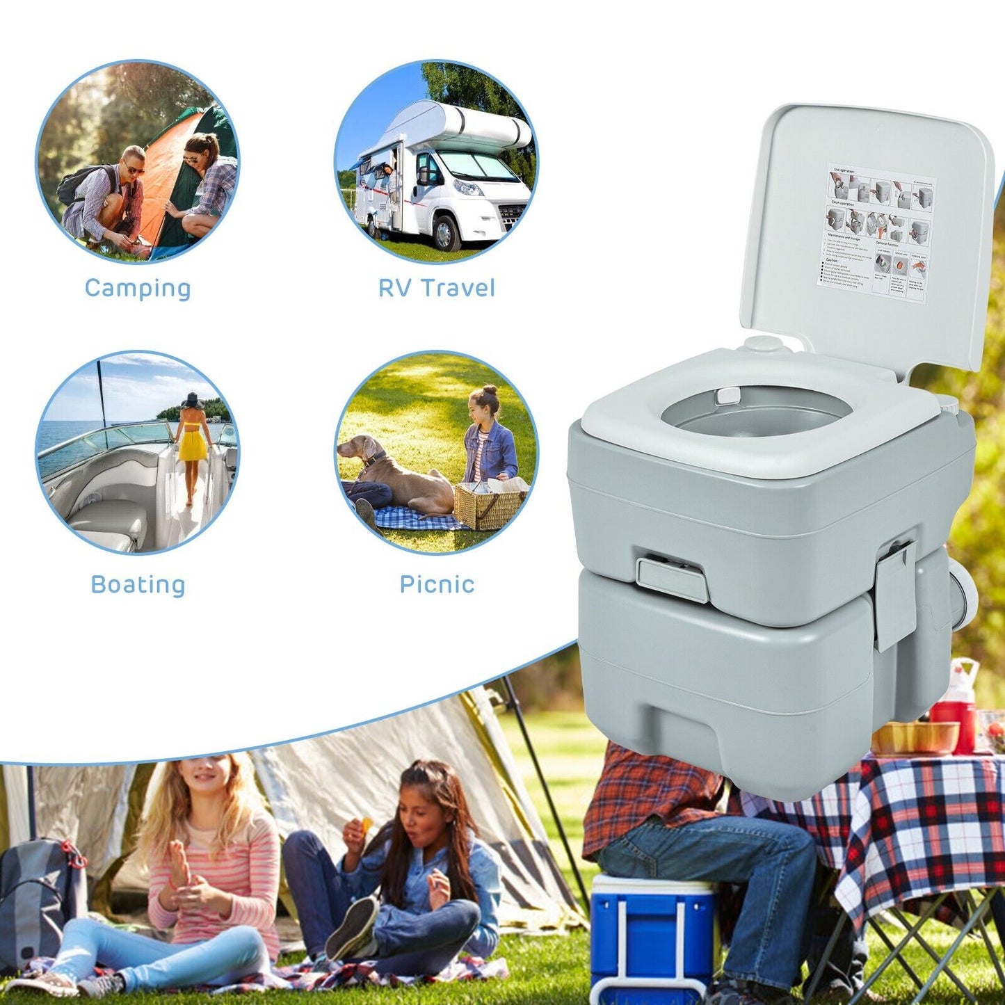 20L Portable Camping Toilet with Level Indicator and Piston Pump Flush 