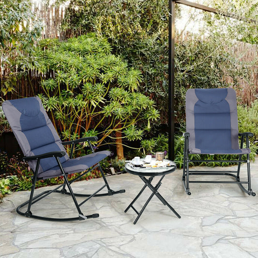 3 Pcs Folding Bistro Set Outdoor Rocking Chairs and Table Set-Blue & Gray