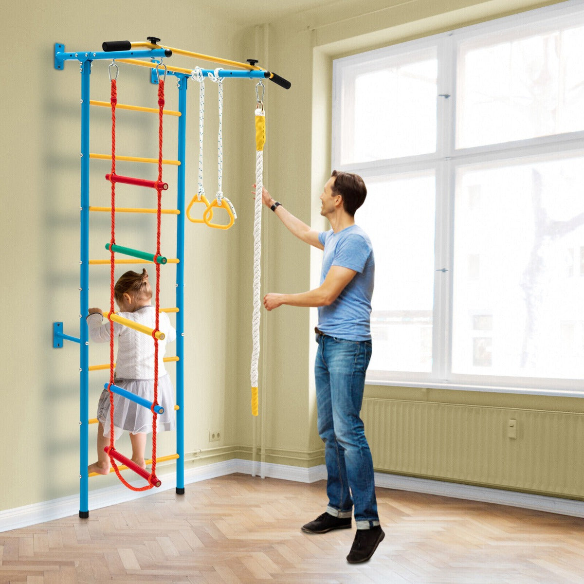 Pull Up Rope Ladders Swedish Ladder Set with Climbing Frame Pull-up Bar Ropes and Rings-Yel ...