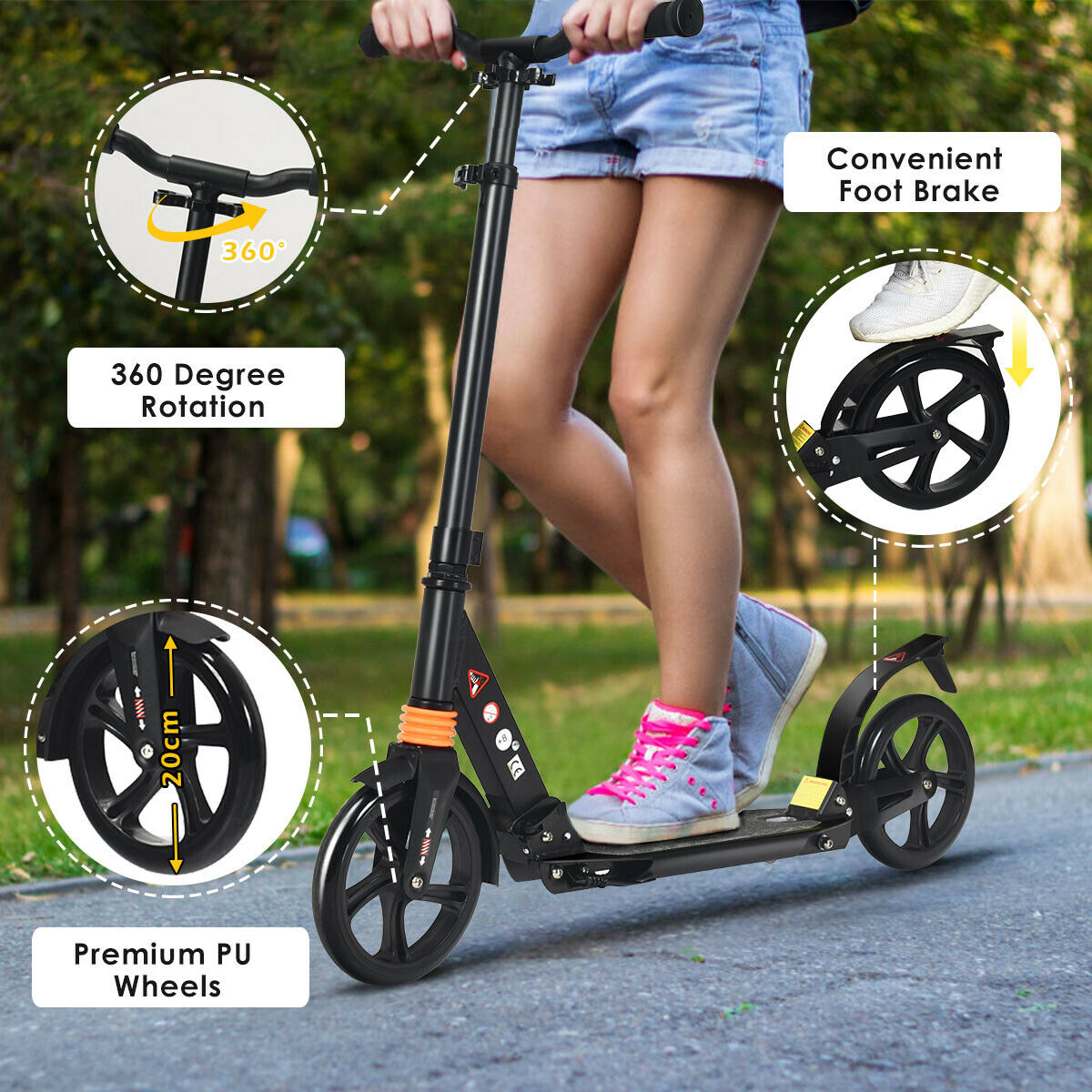 Pro Push Stunt Kick Scooter with Adjustable Bar and Carry Strap-Black