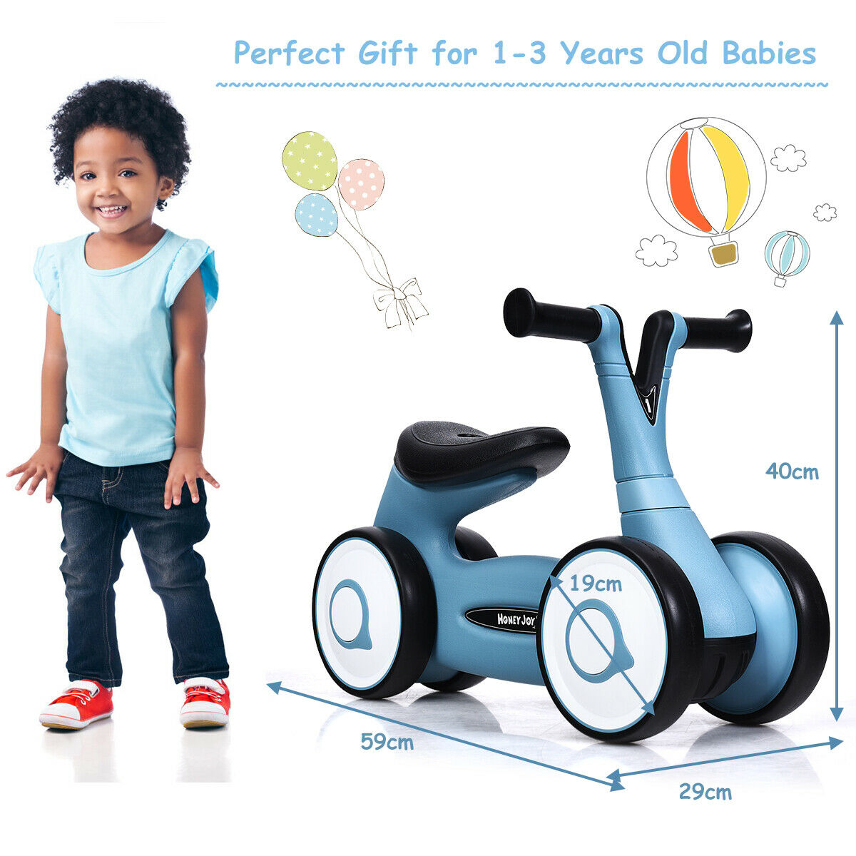 Baby Walker Kids Toddler Balance Bike Toy 4 Wheels-Blue