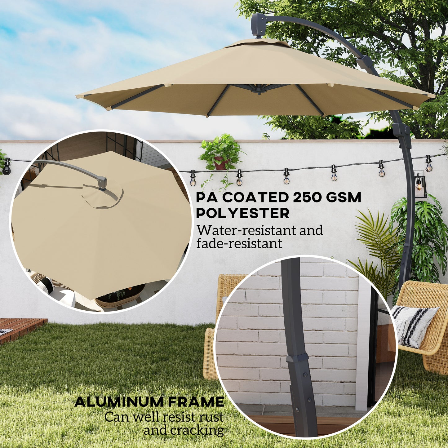 Outsunny 3(m) Garden Cantilever Parasol, Round Overhanging Umbrella with Crank Handle, Cross Base, Aluminium Frame and 360° Rotation, Banana Patio Umbrella for Outdoor Sun Shade, Khaki