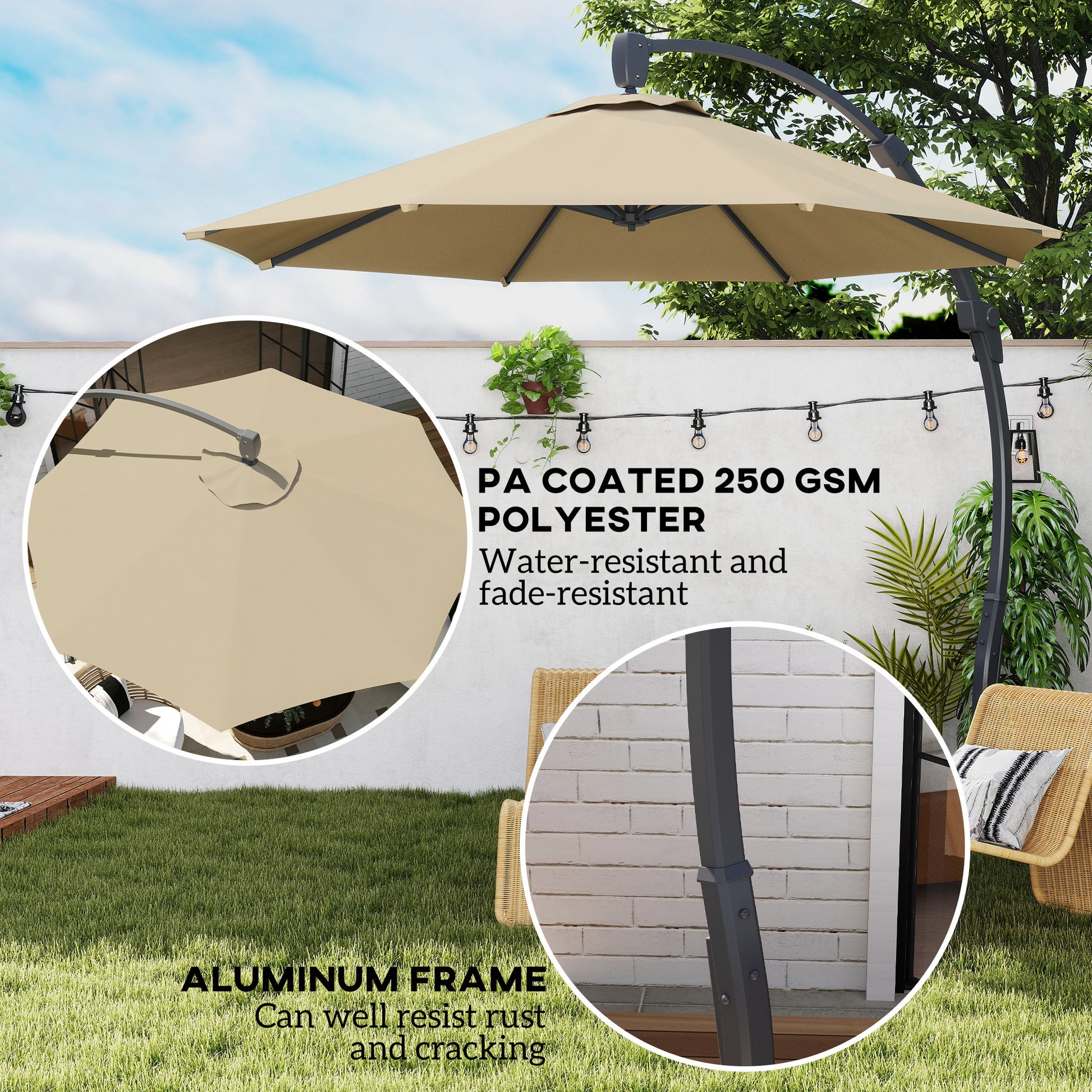 Outsunny 3(m) Garden Cantilever Parasol, Round Overhanging Umbrella with Crank Handle, Cross Base, Aluminium Frame and 360° Rotation, Banana Patio Umbrella for Outdoor Sun Shade, Khaki