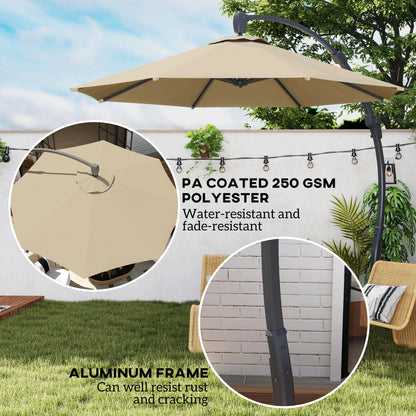 Outsunny 3(m) Garden Cantilever Parasol, Round Overhanging Umbrella with Crank Handle, Cross Base, Aluminium Frame and 360° Rotation, Banana Patio Umbrella for Outdoor Sun Shade, Khaki