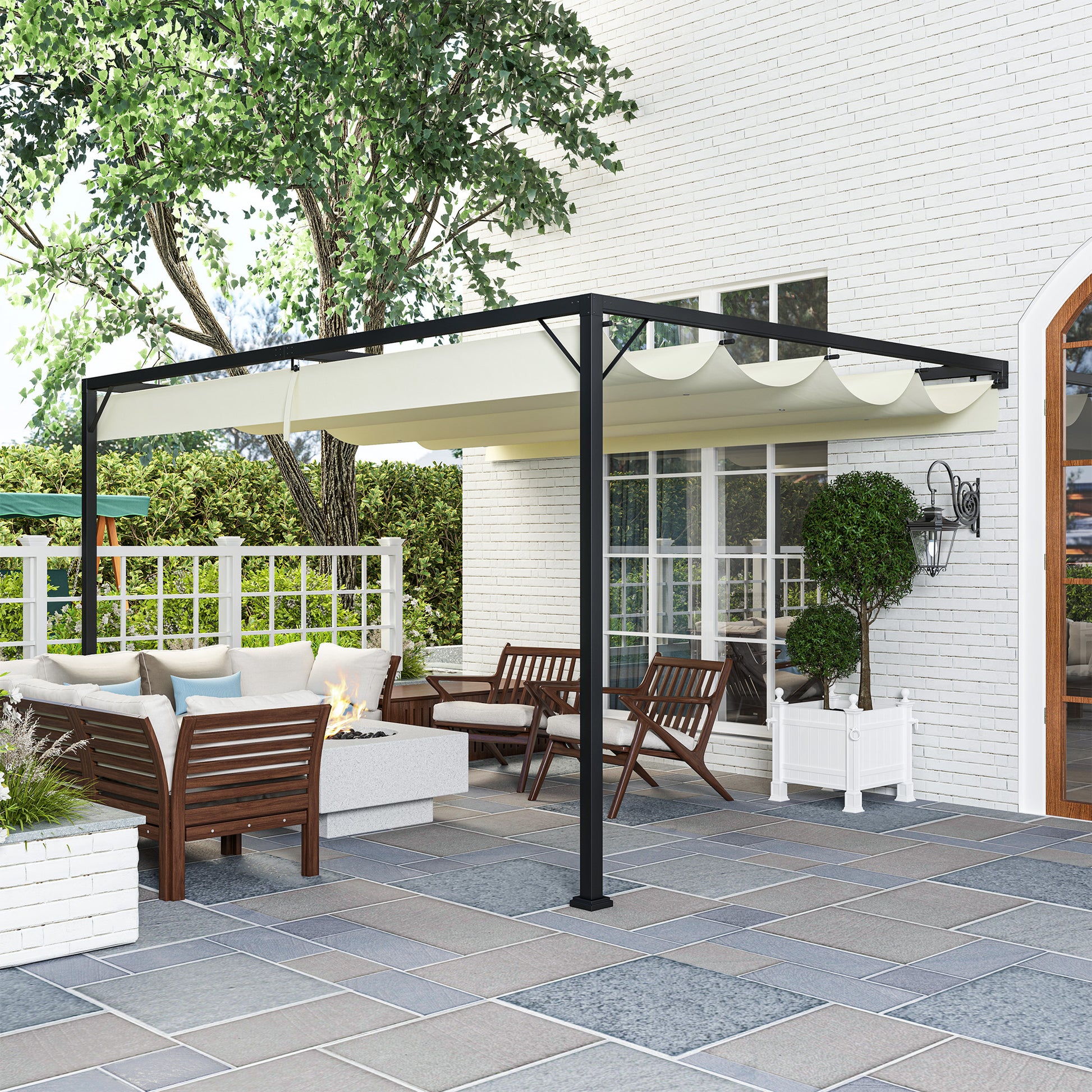 Outsunny 4 x 3(m) Outdoor Lean To Pergola Retractable Canopy Wall Mounted Gazebo Patio Shelter Sun Shade, Cream White