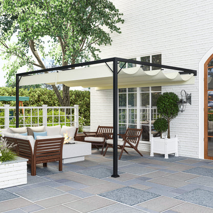 Outsunny 4 x 3(m) Outdoor Lean To Pergola Retractable Canopy Wall Mounted Gazebo Patio Shelter Sun Shade, Cream White