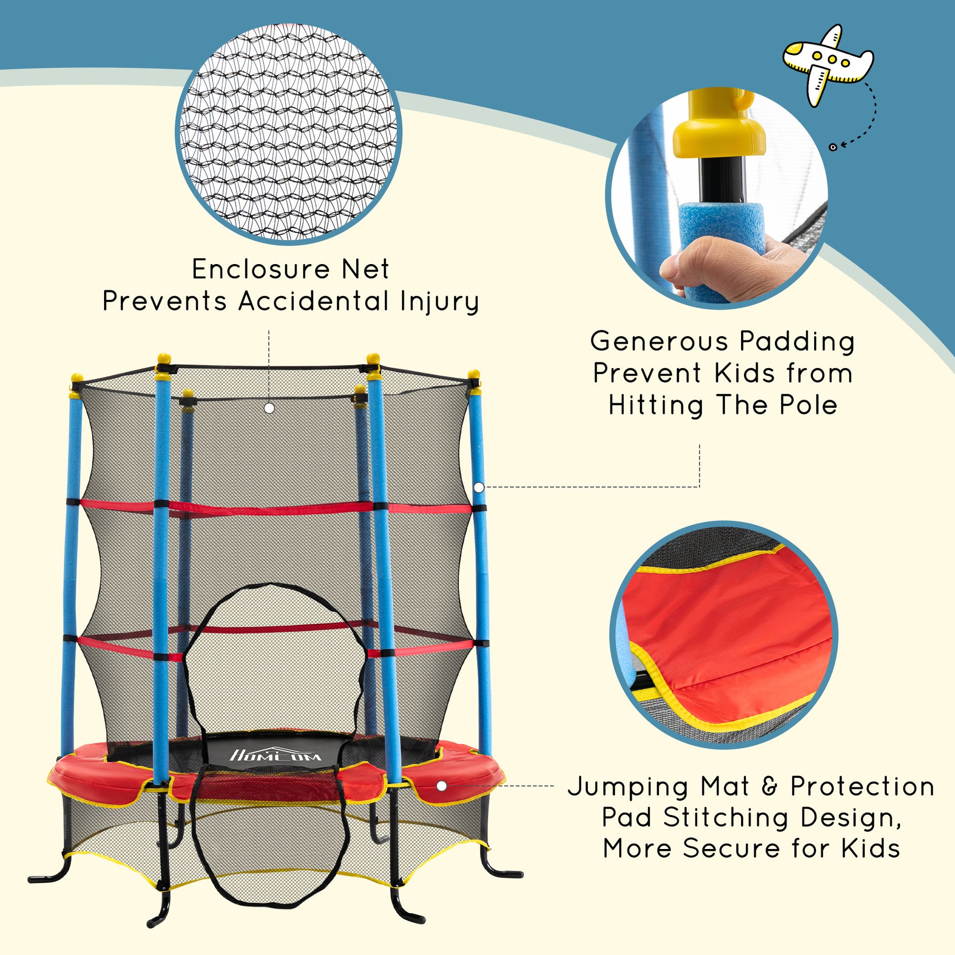 HOMCOM 5.4FT/65 Inch Kids Trampoline with Enclosure Net Built-in Zipper Safety Pad Indoor Outdoor for Children Toddler Age 3-6 Years Old