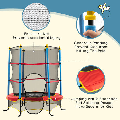 HOMCOM 5.4FT/65 Inch Kids Trampoline with Enclosure Net Built-in Zipper Safety Pad Indoor Outdoor for Children Toddler Age 3-6 Years Old