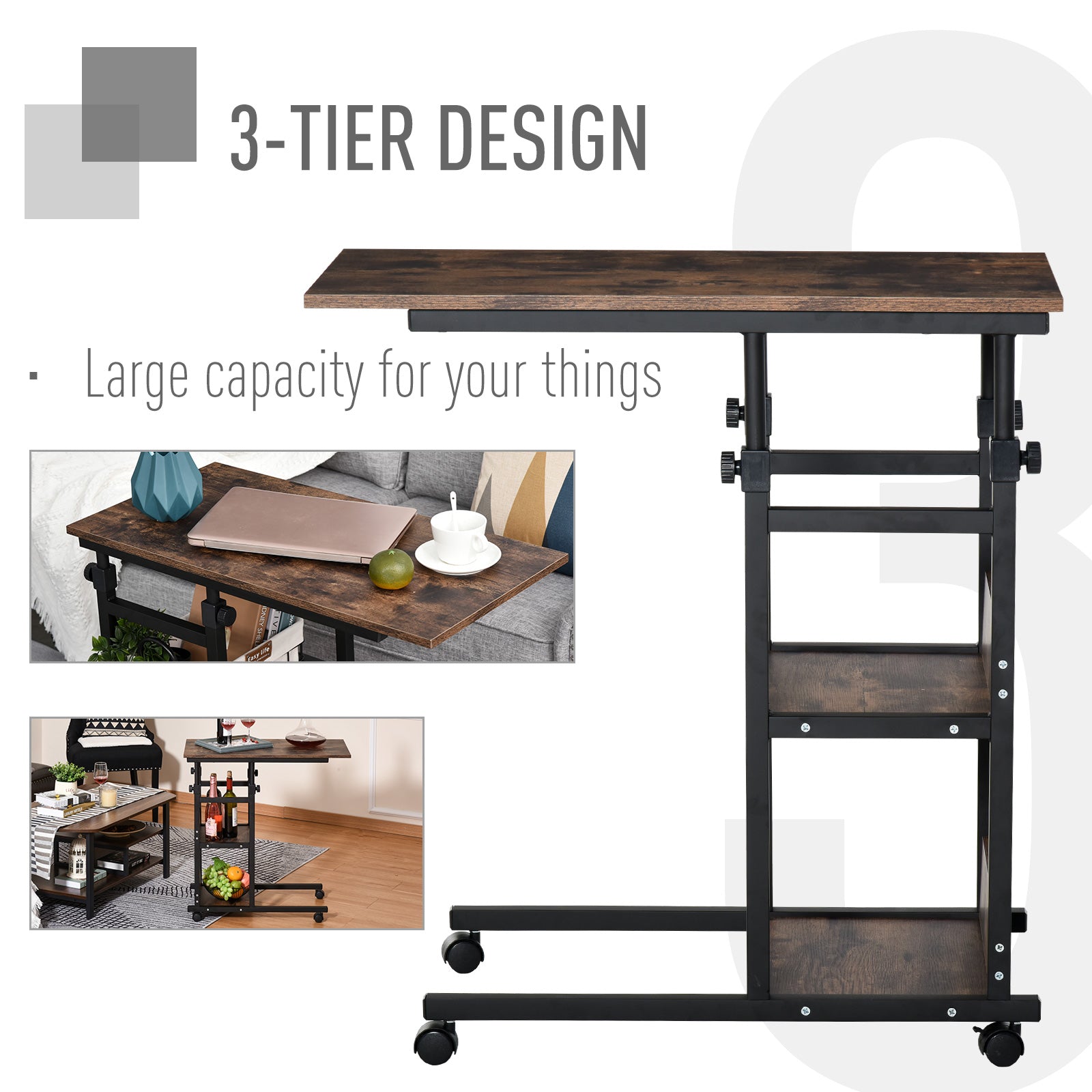 HOMCOM C-Shaped Side Table Industrial Mobile Rolling End Desk with 3-Tier Storage Shelving, Adjustable Height, Wheels