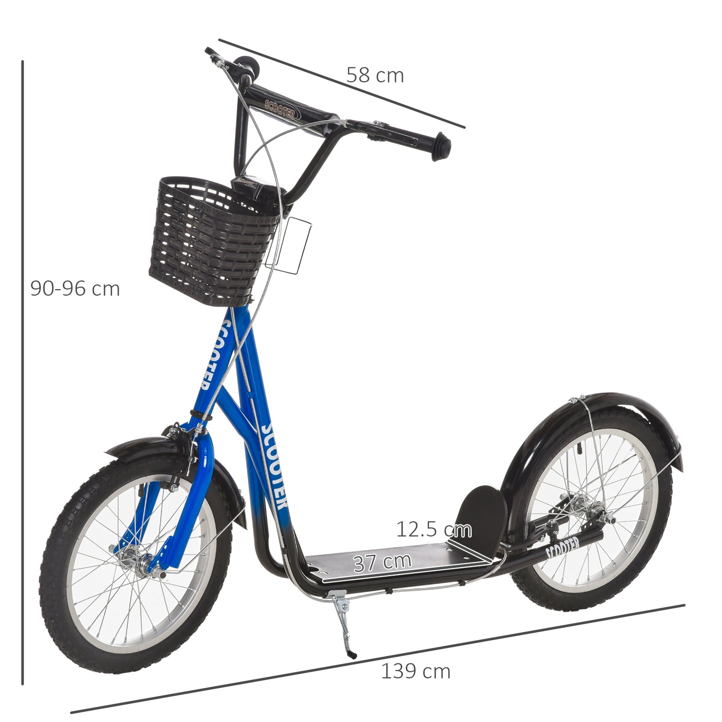 HOMCOM Kids Kick Scooter Teen Ride On Children Scooter with Adjustable Handlebar 2 Brakes Basket Cupholder Mudguard 16" Inflatable Rubber Tyres Blue