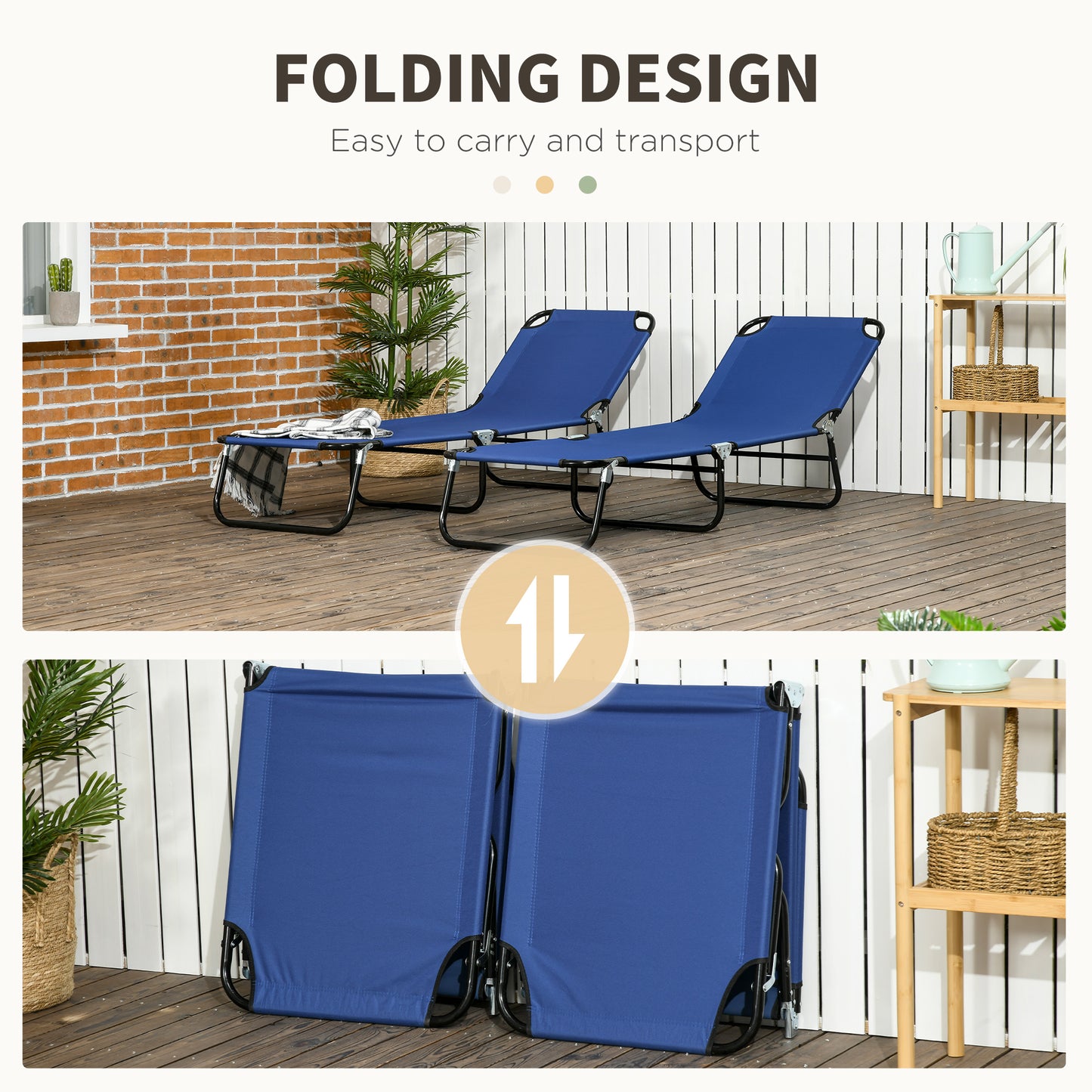 Outsunny Folding Sun Loungers Set of 2, Outdoor Day Bed with Reclining Back, Steel Recliner Garden Chairs with Breathable Mesh for Beach, Patio, Blue