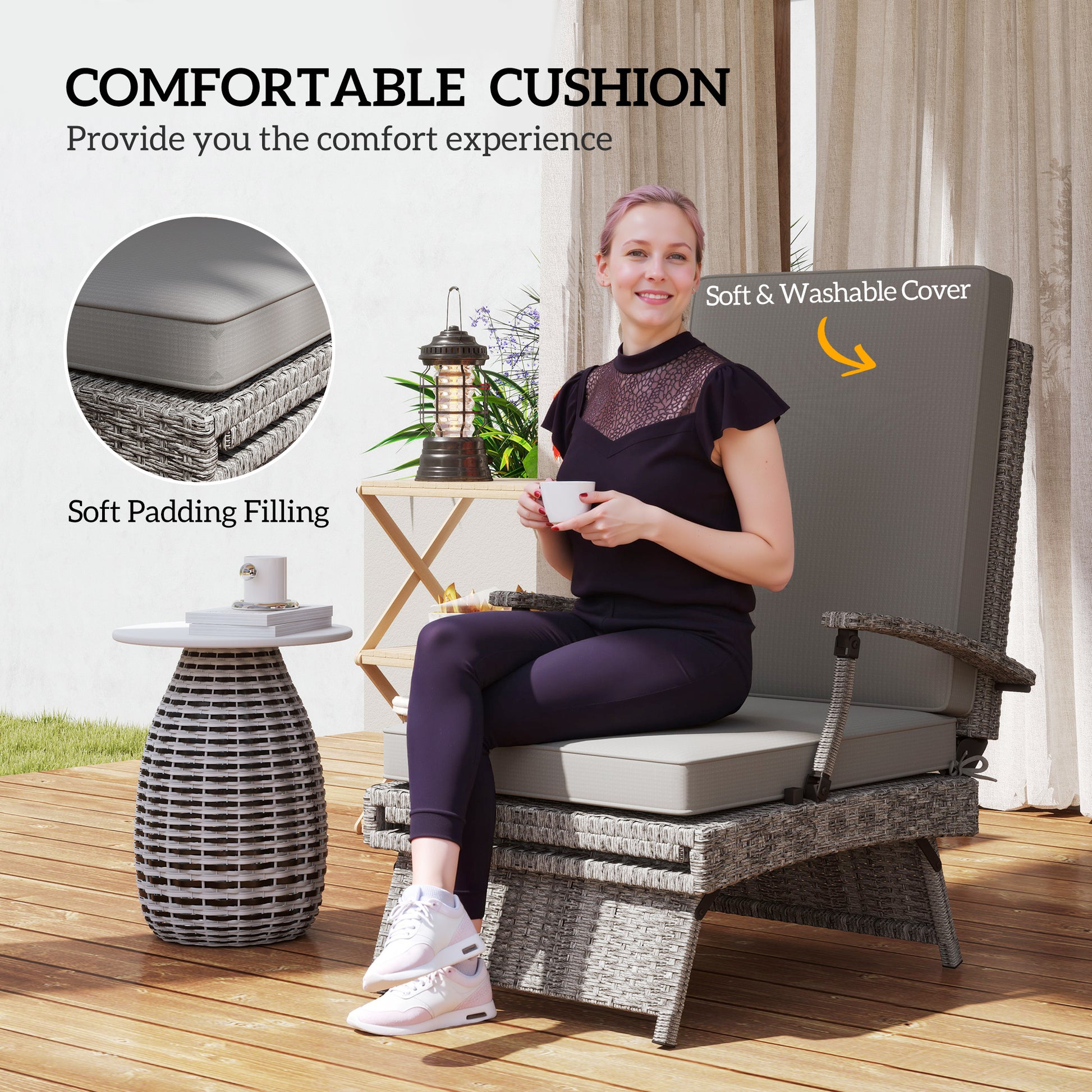 Outsunny 80° Reclining Rattan Lounger - Grey