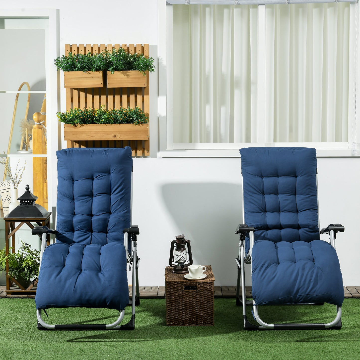 Outsunny 2pc Reclining Zero Gravity Sun Loungers ,Folding Chaise Lounge Chair with Cushions, Blue
