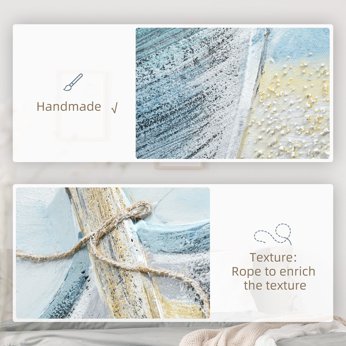 HOMCOM Hand-Painted Canvas Wall Art Blue Boat in the Beach, Wall Pictures for Living Room Bedroom Decor, 90 x 90 cm