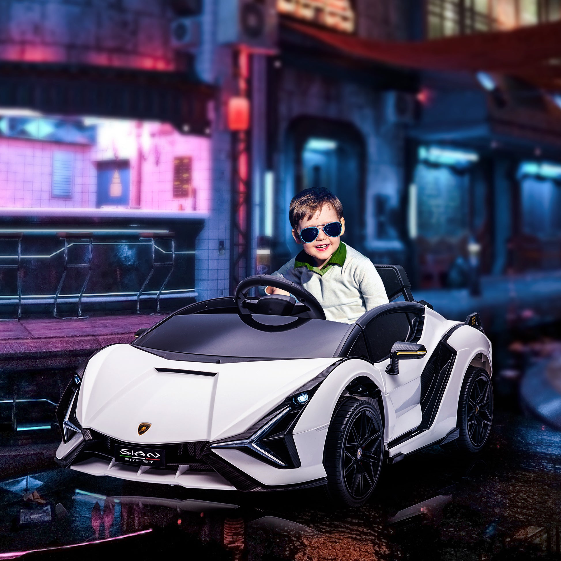 HOMCOM Compatible 12V Battery-powered Kids Electric Ride On Car Lamborghini SIAN Toy with Parental Remote Control Lights MP3 for 3-5 Years Old White