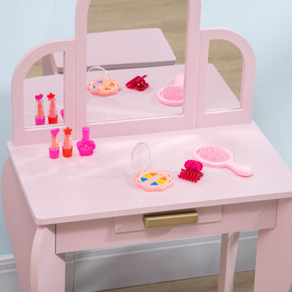HOMCOM Kids Dressing Table with Mirror and Stool, Kids Vanity Set, Girl Makeup Desk with Drawer for 3-6 Years Old Children, Pink