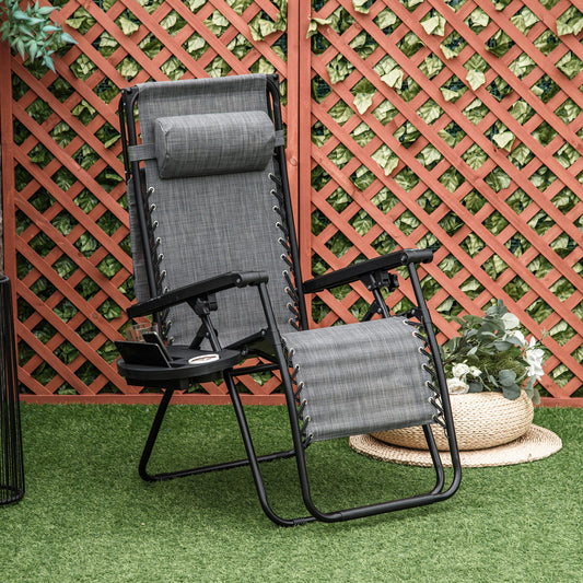 Outsunny Zero Gravity Garden Deck Folding Chair Patio Sun Lounger Reclining Seat with Cup Holder & Canopy Shade - Grey