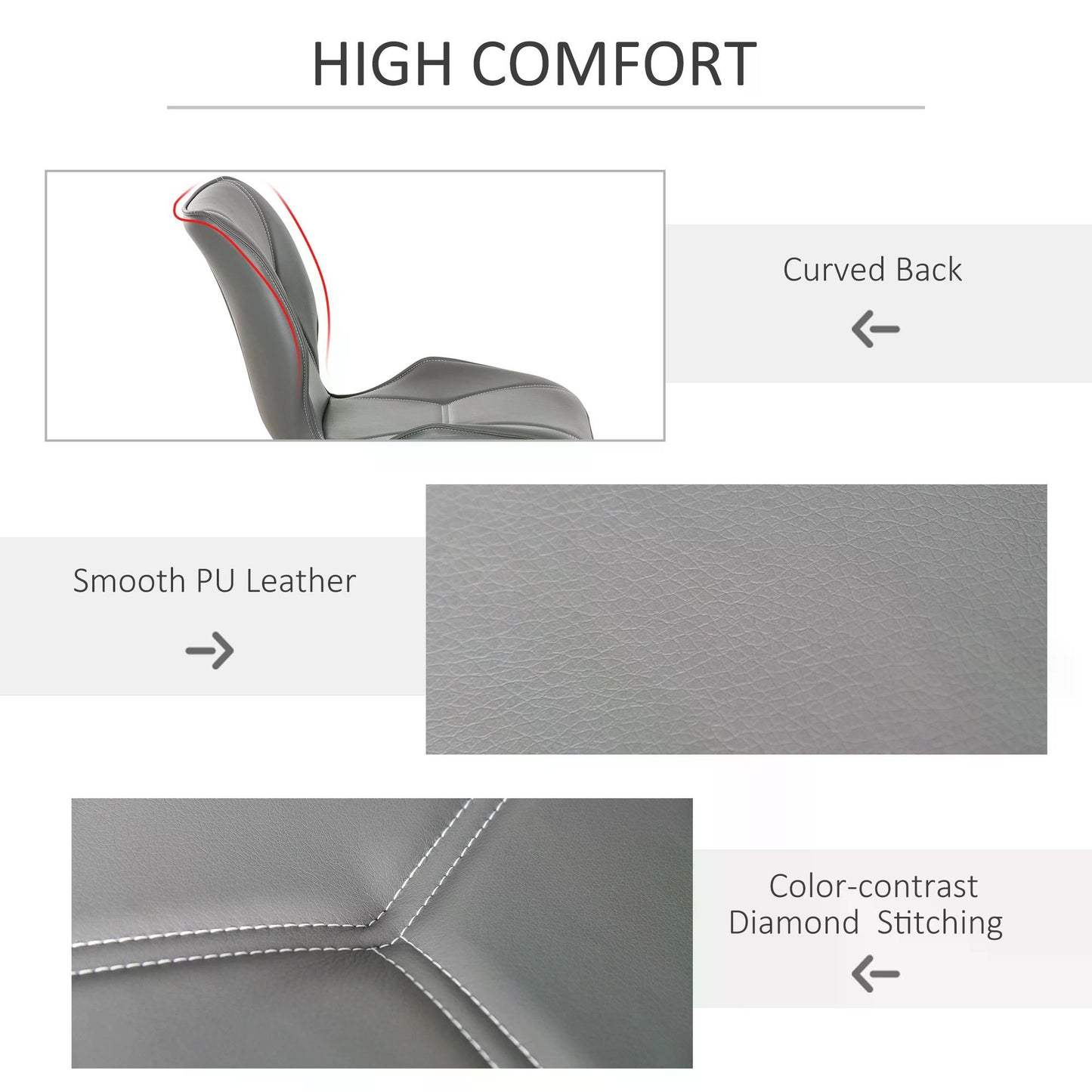 HOMCOM Set of 2 Contrast Stitched PU Leather Racing-Style Dining Chairs Accent Seat w/ Steel Legs Ergonomic Back Padding Home Living Room Grey
