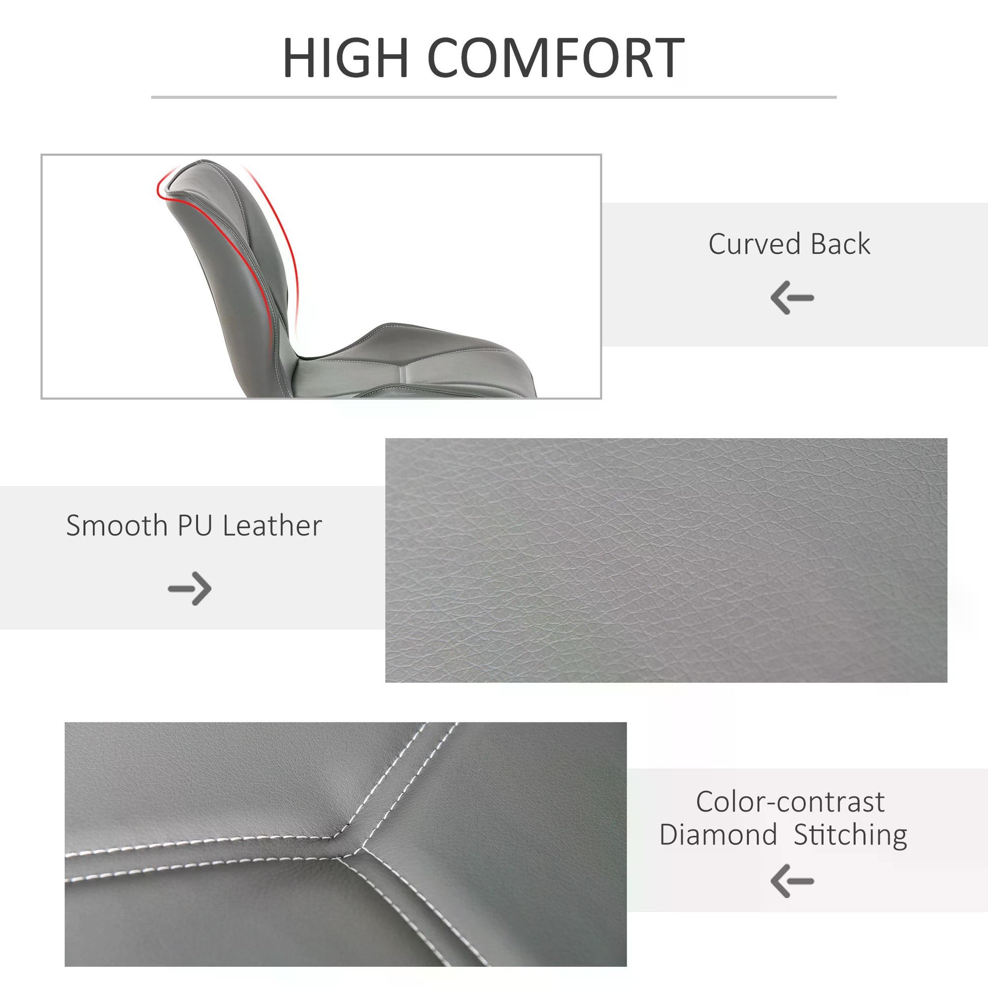 HOMCOM Set of 2 Contrast Stitched PU Leather Racing-Style Dining Chairs Accent Seat w/ Steel Legs Ergonomic Back Padding Home Living Room Grey