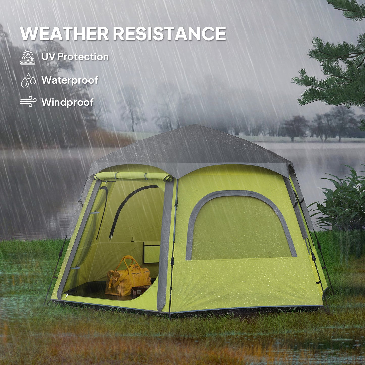 Outsunny Instant Camping Tent, 2/3/4 Person Easy Setup Dome Family Tent with Vestibule, Rainfly, 4 Mesh Windows & 2 Doors, Hexagonal Design, Waterproof & UV Protected, Yellow Green