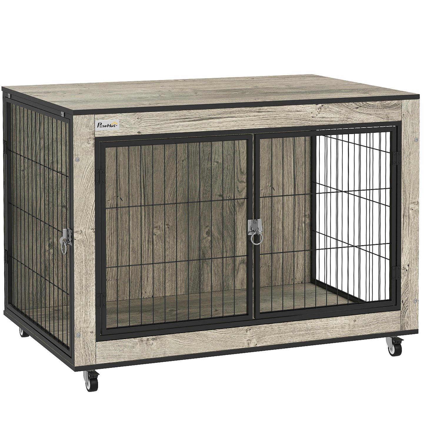 PawHut Dog Crate Furniture with Wheels, Double Doors, for Medium Dogs, Grey