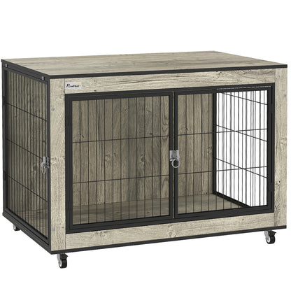 PawHut Dog Crate Furniture with Wheels, Double Doors, for Medium Dogs, Grey