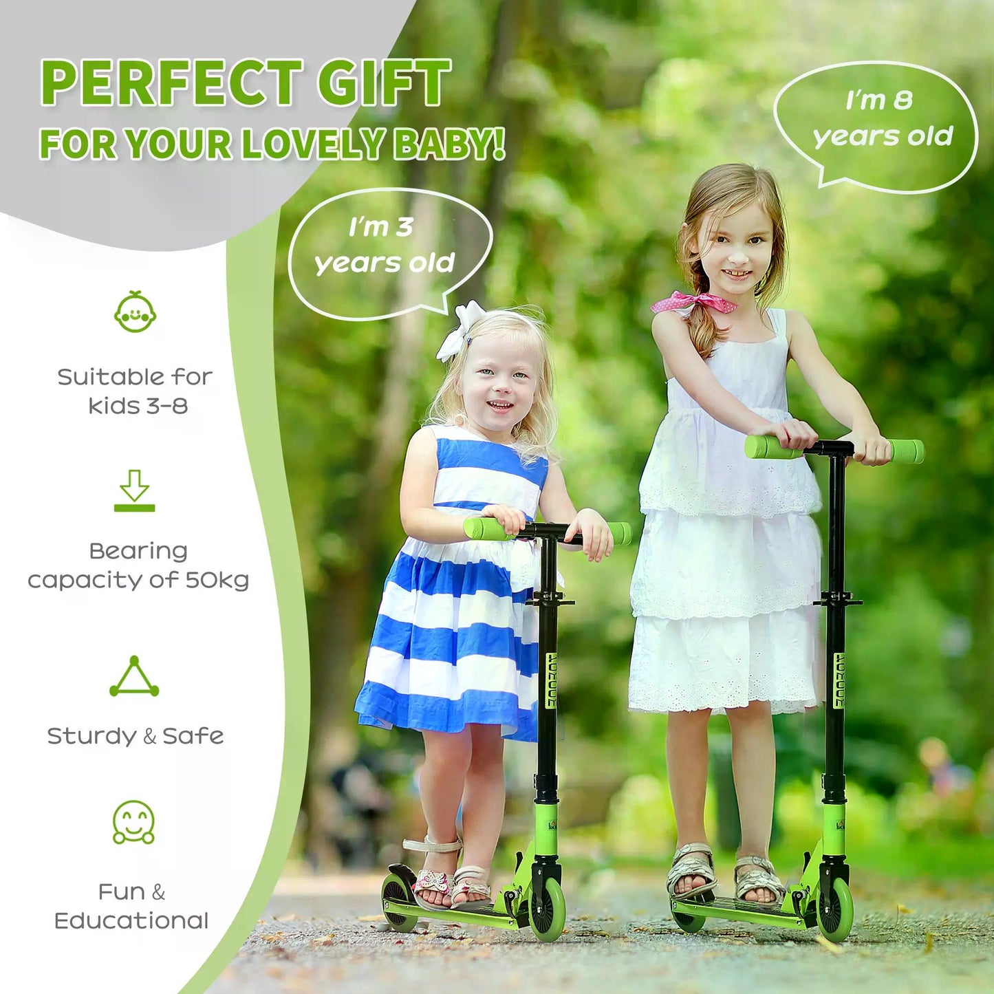 HOMCOM Scooter for Kids Toddler Foldable Kick Scooter with Adjustable Height Brake for Boys and Girls 3-8 Years Aluminium Green