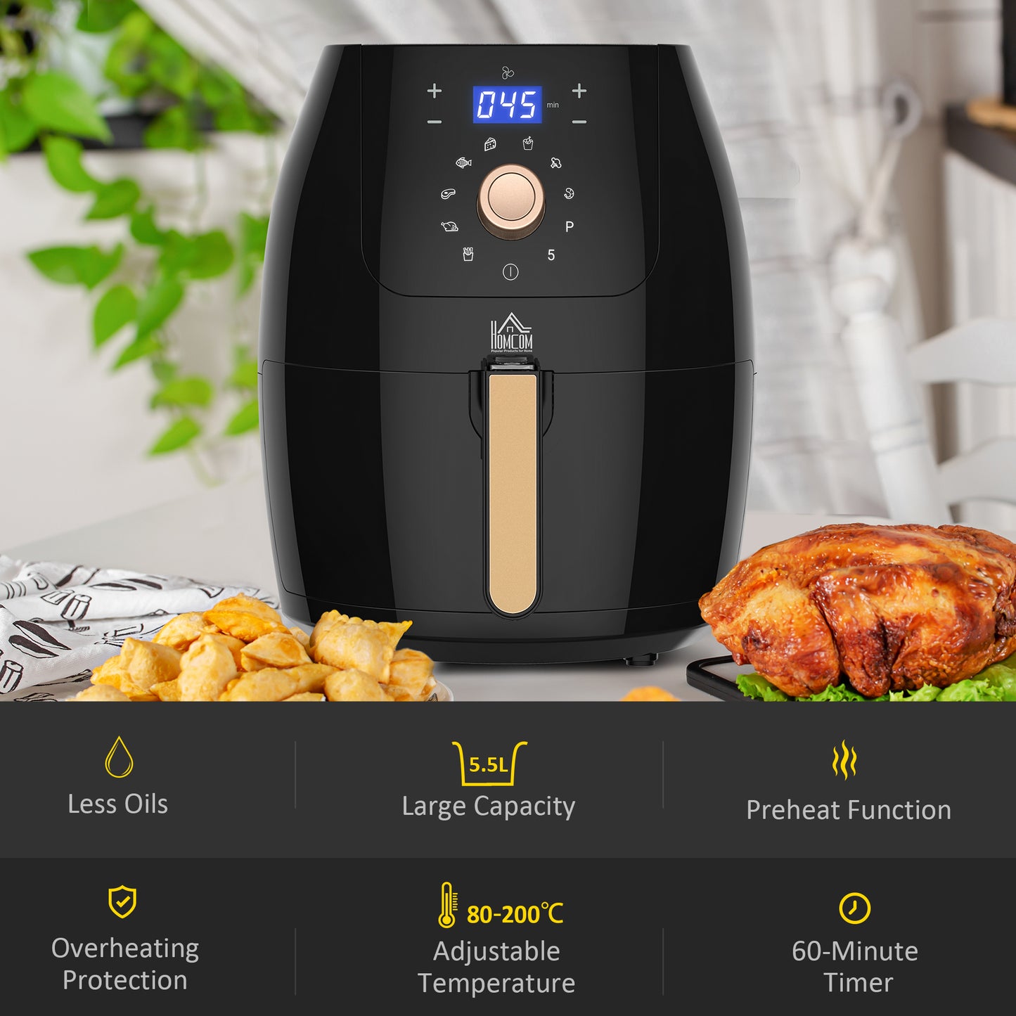 HOMCOM Digital Air Fryer 1700W 5.5L with Rapid Air Circulation System Adjustable Temperature 60 Min Timer for Healthy Oil Free Low Fat