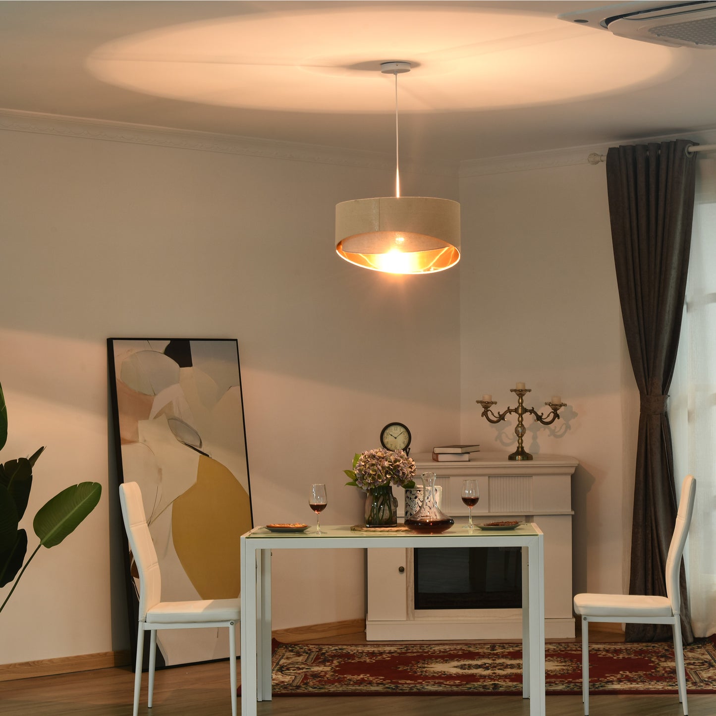 HOMCOM Modern Pendant Light with Adjustable Hanging Chain and Two Bevel Nested Lampshade, Metal Chandelier for Living Room, Bedroom, Beige and Gold
