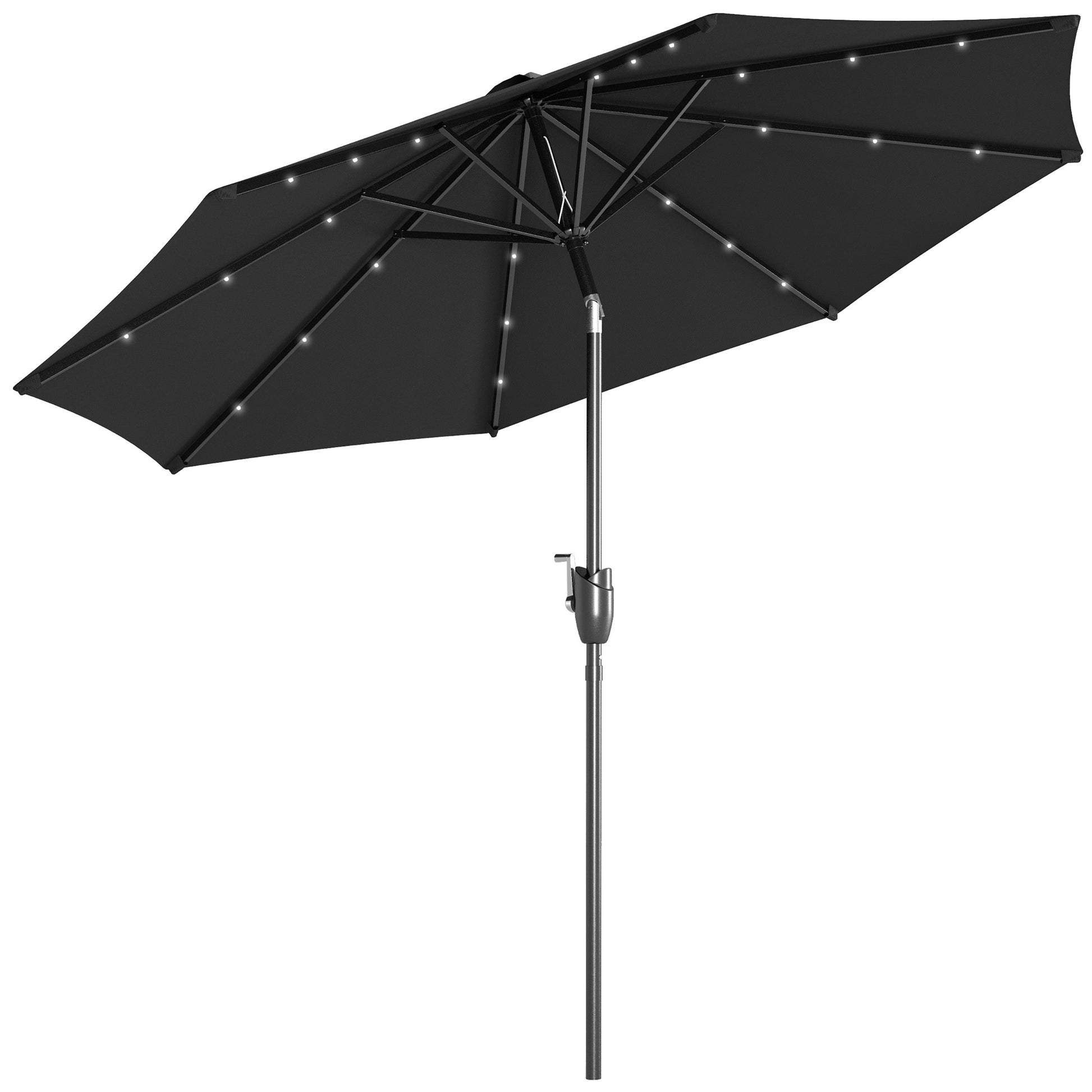 Outsunny ?2.7m Garden Parasol Solar Outdoor Tilt Sun Umbrella Patio Sun Shade w/ 24 LED Light, Hand Crank and 8 Ribs, Black