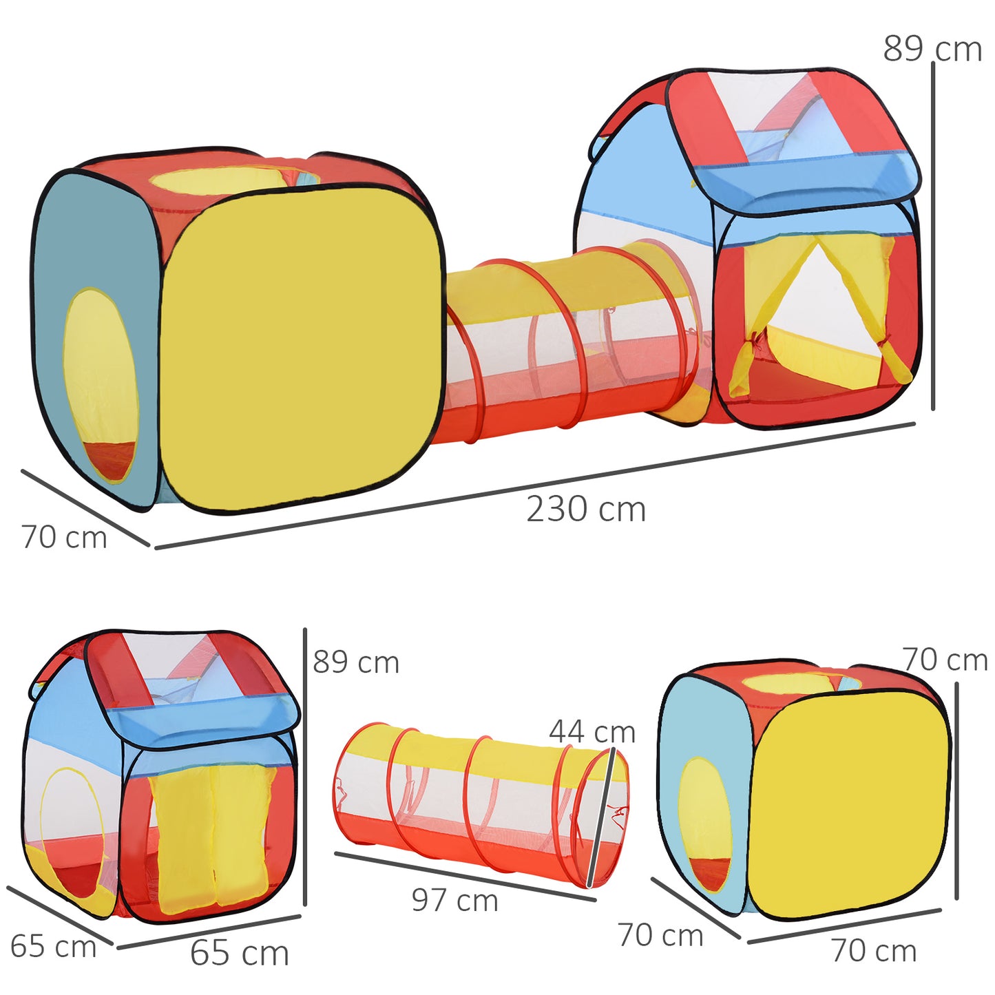 HOMCOM Toddler Polyester 3 in 1 Pop Up House Tent Play Tunnel Multi-Colour