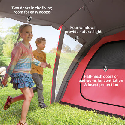 Outsunny 4-6 Man Family Camping Tent w/ 2 Bedrooms and a Living Room, Waterproof Tunnel Tent w/ Sewn In Groundsheet, Doors, Windows, Carry Bag, Grey