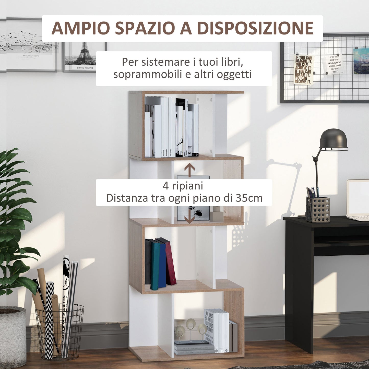 HOMCOM Particle Board 4-tier Storage Display Shelving Bookcase Unit Divider S Shape design Divider Unit