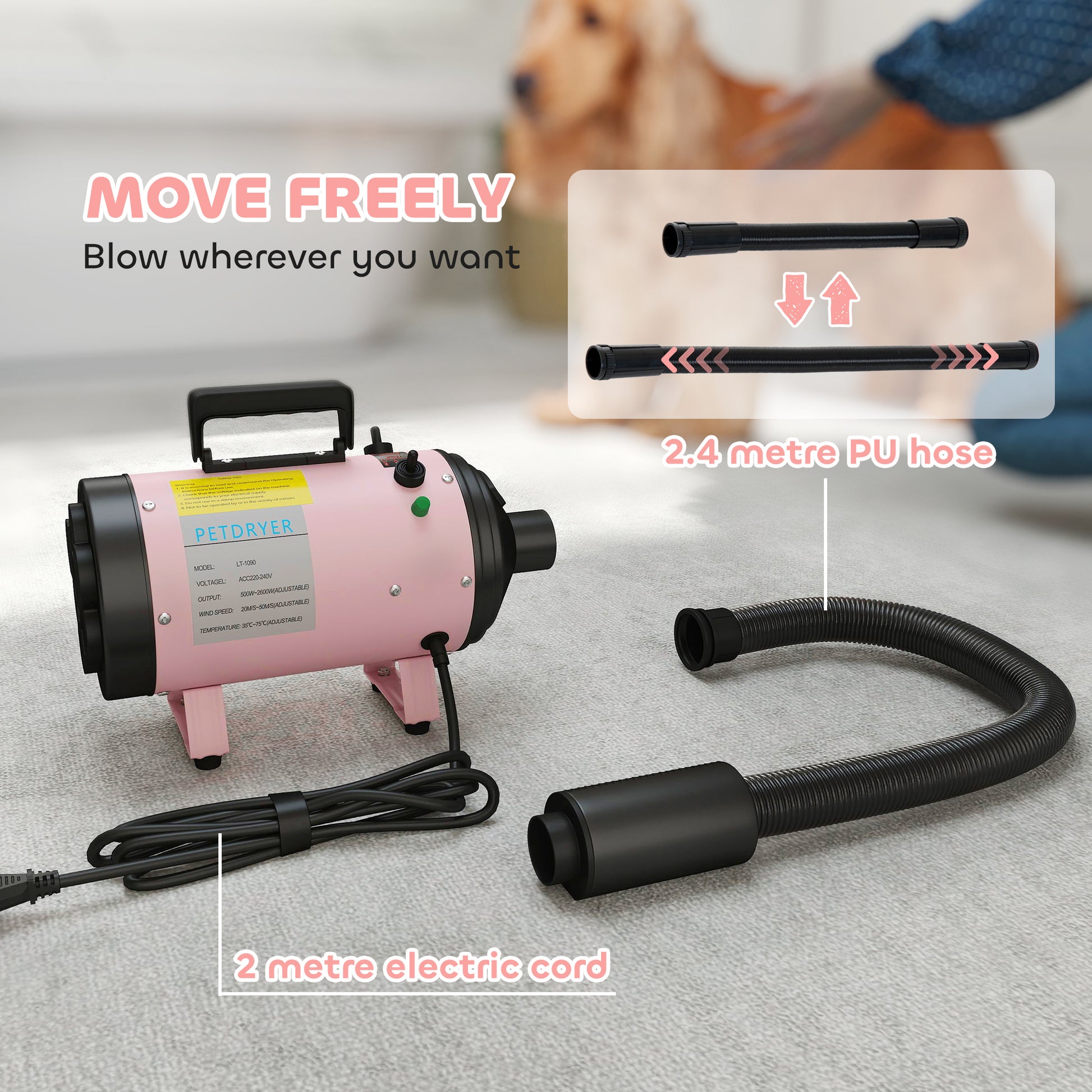 PawHut 2200W Dog Hair Dryer with Adjustable Temperature & Velocity, 3 Different Nozzles, Pink