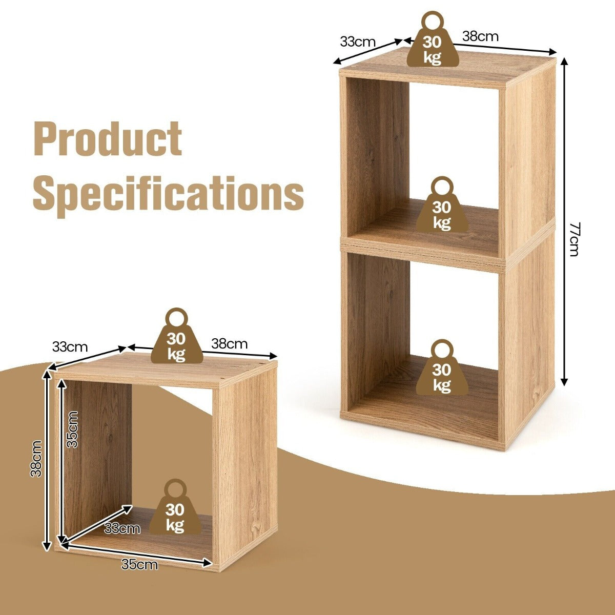 Set of 2 Stackable Nightstand with Storage Cubes-Natural