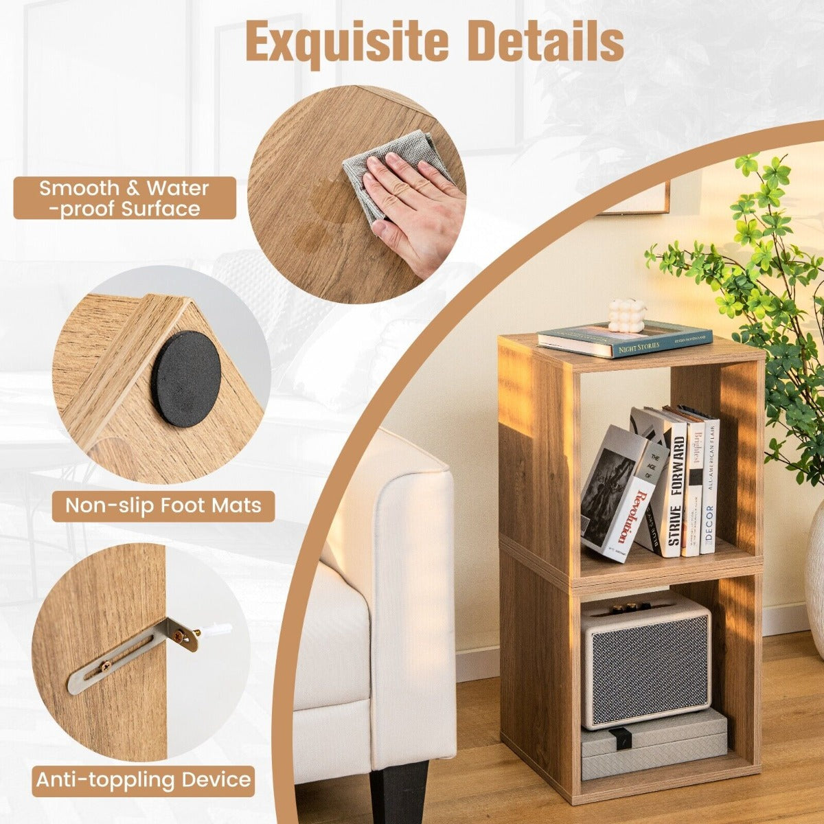 Set of 2 Stackable Nightstand with Storage Cubes-Natural