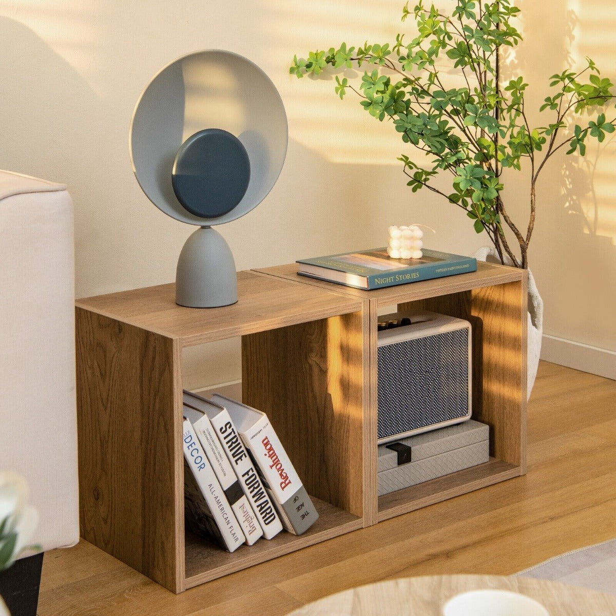 Set of 2 Stackable Nightstand with Storage Cubes-Natural – GardenArch