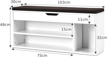Shoe Bench with Hidden Compartment and Open Shelves-White