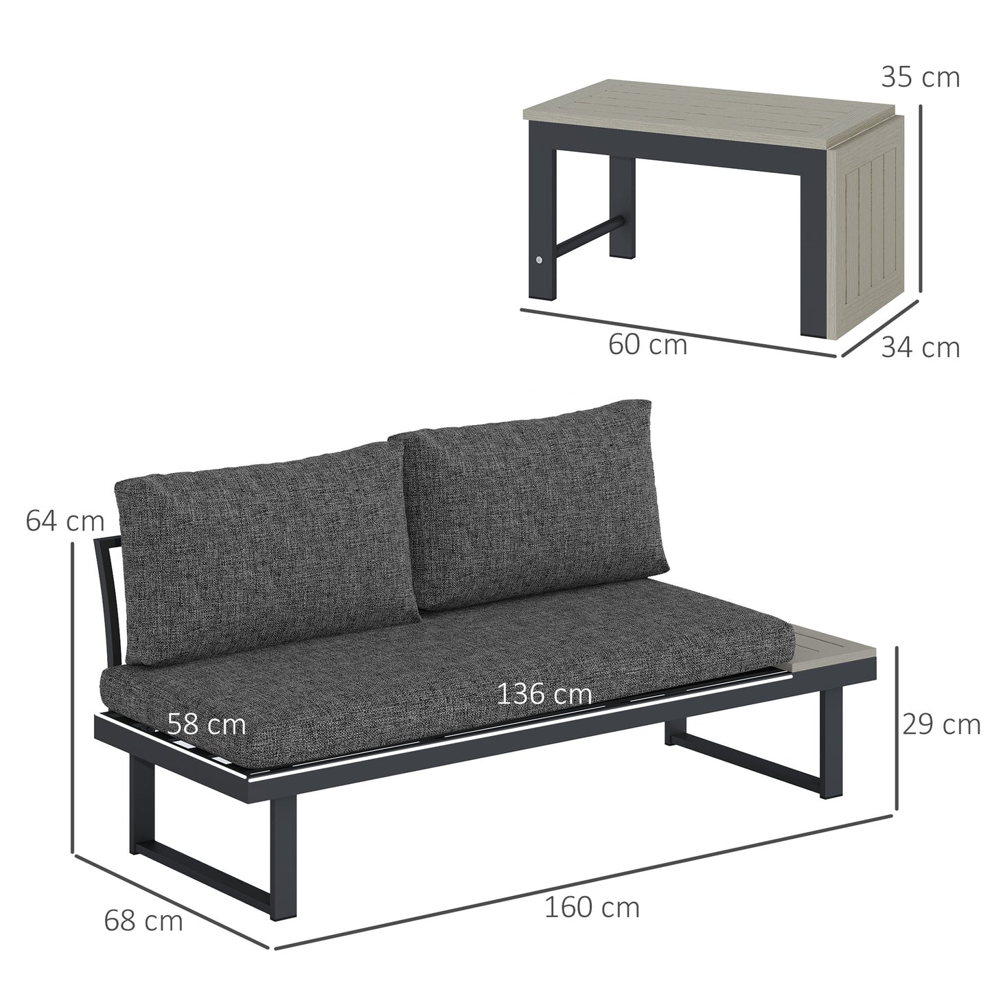Outsunny 4 Seater L Shaped Aluminium Sectional Garden Furniture Set with 2 Loveseats and Wood-Plastic Coffee Table - Dark Grey