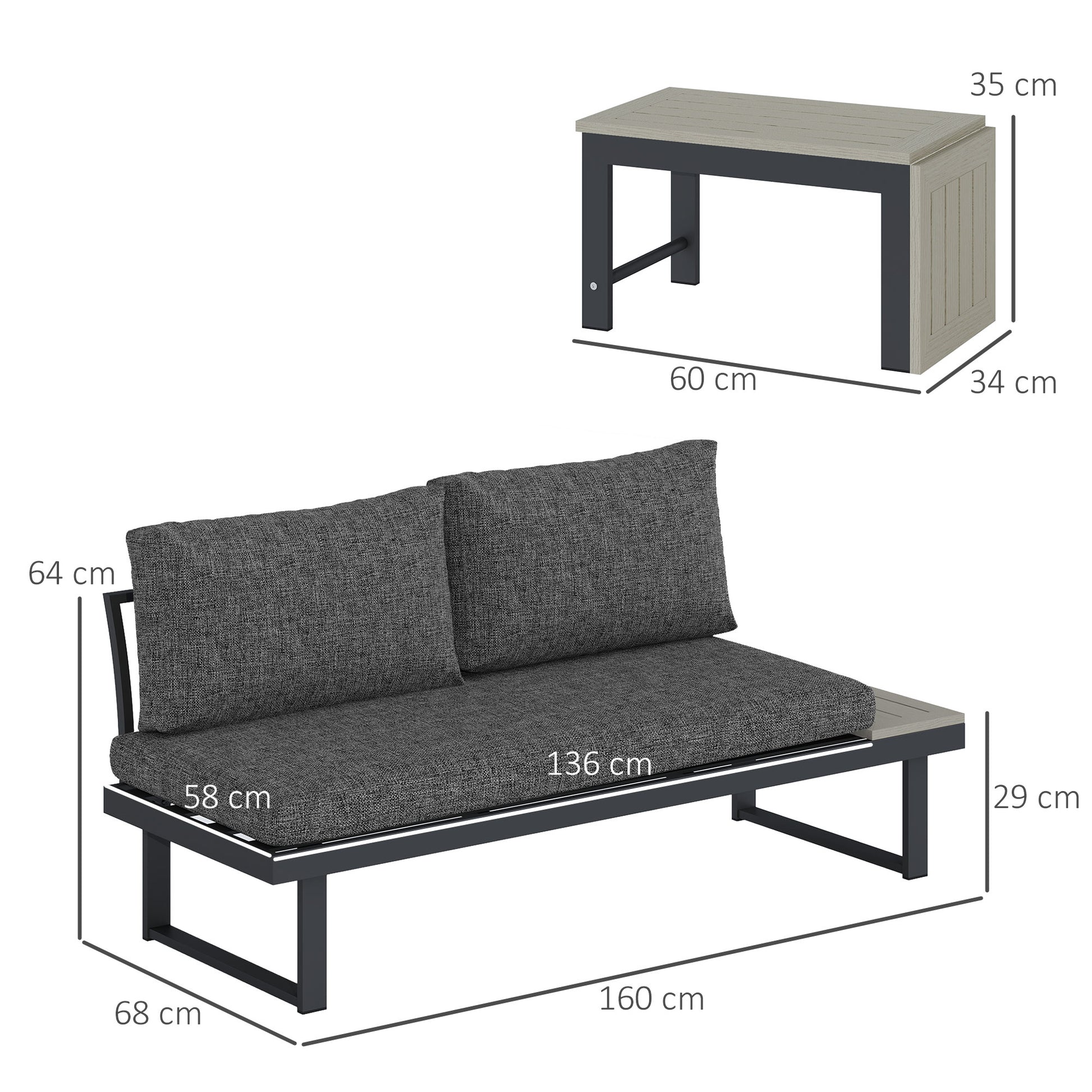 Outsunny 4 Seater L Shaped Aluminium Sectional Garden Furniture Set with 2 Loveseats and Wood-Plastic Coffee Table - Dark Grey