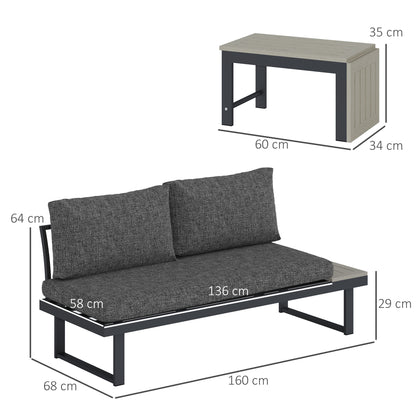 Outsunny 4 Seater L Shaped Aluminium Sectional Garden Furniture Set with 2 Loveseats and Wood-Plastic Coffee Table - Dark Grey