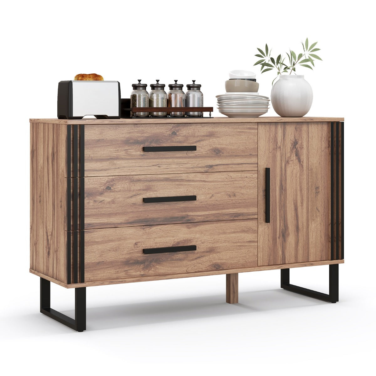 Sideboard Buffet Cabinet with 3 Drawers and 1 Door and 1 Adjustable Shelf-Rustic Brown