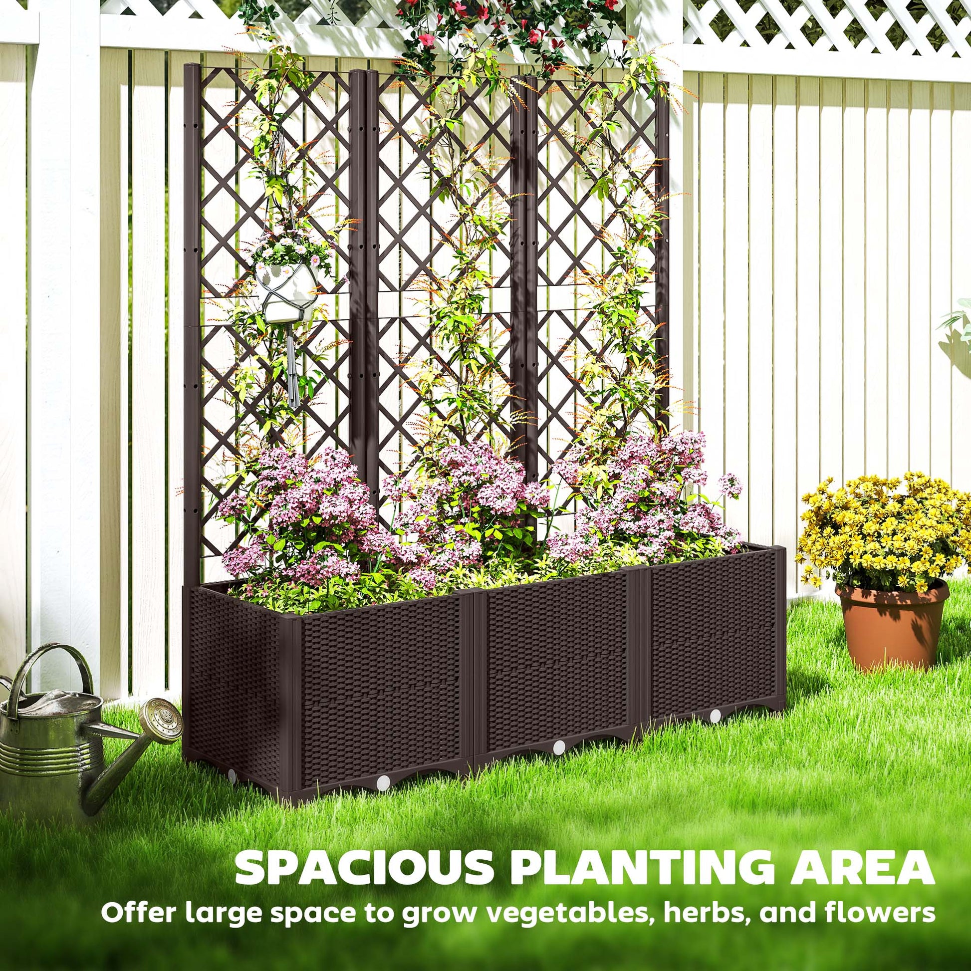 Outsunny Raised Garden Bed with Trellis, Plastic Planter Box with Drainage Holes, Drain Plugs and Water Reservoirs for Climbing Plants, Vegetables, Flowers, Brown