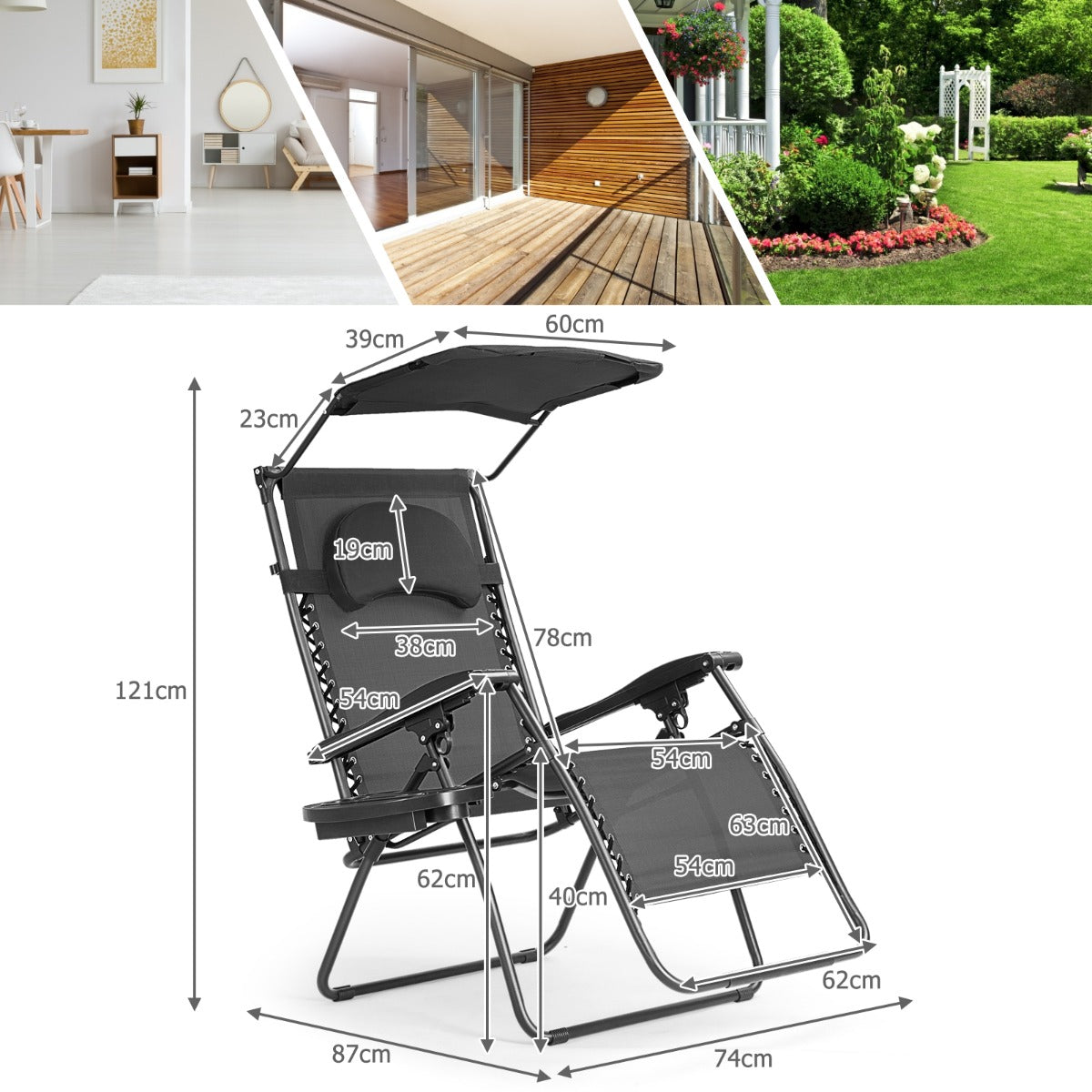 Oversized Folding Zero Gravity Recliner with Adjustable Canopy Shade-Black