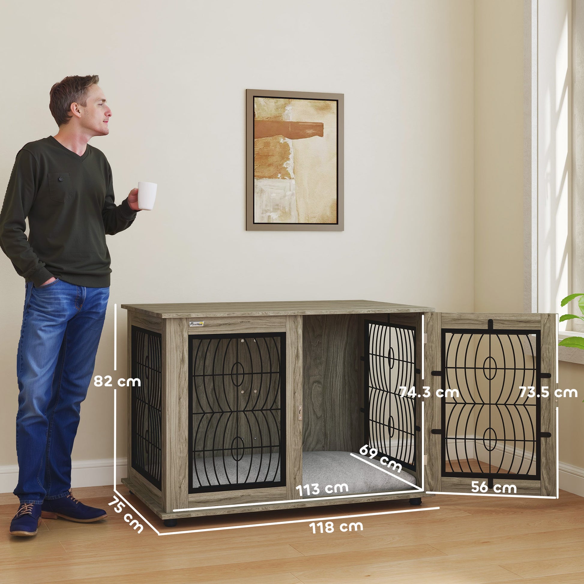 PawHut Indoor Dog Crate Furniture End Table with Soft Washable Cushion, Lockable Front Door, for Extra Large Dogs - Grey